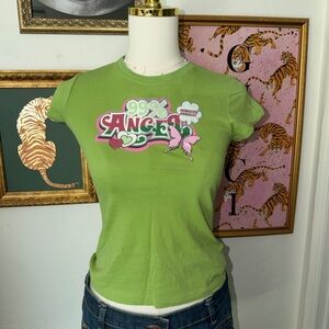Y2K Green Graphic Tee with Pink Accents